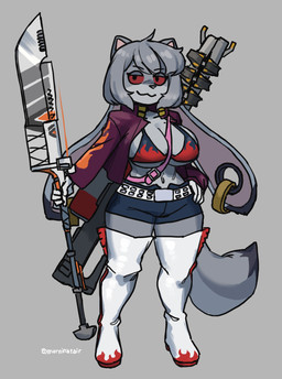 anthro big_breasts boots bottomwear bra breasts clothing coat ear_piercing ear_ring female flame_markings floppy_ears footwear fur gauged_ear glaive gold_(metal) gold_ear_ring grey_body grey_fur grey_hair gun hair long_tail looking_at_viewer lop_ears markings melee_weapon piercing polearm ranged_weapon red_sclera rifle ring_piercing shoes shorts sniper_rifle solo standing tail topwear underwear weapon murninatair bungie destiny_(series) destiny_2 tengen_toppa_gurren_lagann jund_(smugjund) canid canine canis hybrid lagomorph leporid mammal rabbit wolf hi_res
