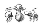 ambiguous_gender ears_down feral frown group head_feathers long_beak looking_at_another looking_back looking_back_at_another looking_down pivoted_ears tail trio jubb avian bird mammal murid murine rat rodent unknown_species 2019 3:2 bust_portrait full-length_portrait monochrome portrait signature