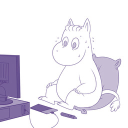 3_toes 5_fingers anthro bodily_fluids computer computer_monitor drawing_tablet electronics eye_bags feet fingers male pillow simple_background solo stylus_(object) sweat tail toes white_background lonbluewolf the_moomins lonbluewolf_(character) moomin 1:1 blue_and_white monochrome