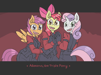 anthro anthrofied black_clothing black_gloves black_handwear black_necktie black_topwear black_vest business_suit clothing cosplay female gloves group handwear horn looking_at_viewer necktie open_mouth open_smile smile suit topwear vest wings caroo friendship_is_magic hasbro helltaker my_little_pony mythology apple_bloom_(mlp) cerberus_(helltaker) cutie_mark_crusaders_(mlp) scootaloo_(mlp) sweetie_belle_(mlp) earth_pony equid equine horse mammal mythological_creature mythological_equine pegasus pony unicorn