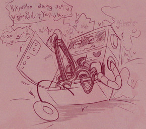antennae_(anatomy) anthro blush cable heart_after_text heart_symbol holding_cable looking_pleasured machine male moan not_furry open_mouth red_background simple_background solo speech_bubble text vehicle wheel wire wire_play fallenvixen rocket_monkeys yay-ok living_machine living_vehicle robot absurd_res digital_media_(artwork) english_text hi_res