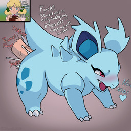 all_fours ambiguous_penetration bestiality blonde_hair blue_body blue_scales blush claws clothed clothing currency_symbol cute_fangs dialogue disembodied_penis duo empty_wallet fangs female feral feral_penetrated genitals hair heart_symbol human_on_feral human_penetrating human_penetrating_feral humanoid_genitalia humanoid_penis interspecies male male/female offscreen_male open_mouth penetration penis pokedollar_sign pokemon_speak pokephilia poor prostitution scales secretly_loves_it sex simple_background spikes spikes_(anatomy) symbol teeth text wallet ironcladtd nintendo pokemon pokemon_trainer generation_1_pokemon human mammal nidorina pokemon_(species) scalie 1:1 english_text