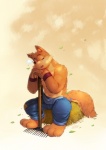 anthro barefoot biceps biped bracelet brown_body brown_fur brown_nose chest_tuft clothed clothing eyes_closed feet fur hay jewelry leaf male muscular muscular_anthro muscular_male navel open_mouth overalls partially_clothed_anthro partially_clothed_male patch_(fabric) pose sitting sleeping solo tan_body tan_fur teeth tongue topless tuft wristband piti_yindee wuffle_(webcomic) wuffle canid canine canis mammal wolf