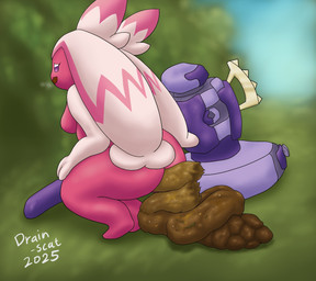 anthro breasts butt crouching feces feces_in_ass feces_on_ground feces_pile female hair half-closed_eyes hammer hands_on_legs multicolored_body narrowed_eyes nude open_mouth outside pink_body pink_eyes plant pooping pooping_on_floor sky solo tools tree two_tone_body white_body white_hair drain_scat nintendo pokemon generation_9_pokemon pokemon_(species) tinkaton 2025 hi_res