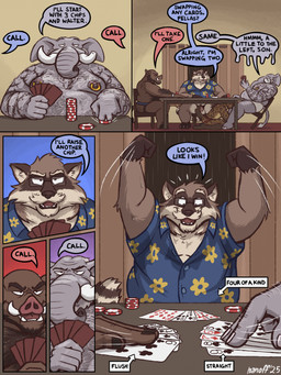 6_panel_comic age_difference anthro athletic athletic_anthro athletic_male athletic_sub balls beard betting big_ears blue_clothing blue_shirt blue_topwear body_hair bottomless briefs broken_tusk brown_body brown_fur card chair clothed clothing crotch_sniffing dialogue eight_of_clubs eight_of_hearts excited eyewear facial_hair five_of_clubs flush_(poker_hand) four_of_a_kind_(poker_hand) fur furniture genitals glasses group happy inside jack_of_clubs king_of_clubs kneeling leaning leaning_backward male male/male manly mature_anthro mature_male mostly_nude mostly_nude_anthro mostly_nude_male musclegut muscular muscular_anthro muscular_male nine_of_clubs nipple_piercing nipples on_chair open_mouth open_smile overweight overweight_anthro overweight_male penis piercing playing_card poker poker_chip proboscis_(anatomy) seven_of_clubs seven_of_diamonds shirt shirt_only sitting sitting_on_chair six_of_clubs six_of_hearts smile sniffing speech_bubble straight_(poker_hand) table tail ten_of_clubs ten_of_diamonds ten_of_hearts ten_of_spades text topwear topwear_only trunk_(anatomy) tusks under_table underwear underwear_only white_body white_body_hair white_fur window nanoff alfonso_(nanoff) horacio_(nanoff) suarez_(nanoff) walter_rossi_(nanoff) elephant elephantid hyena mammal proboscidean procyonid raccoon suid suine sus_(pig) wild_boar 2025 comic english_description english_text hi_res