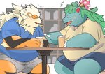 anthro anthrofied belly black_nose blue_body blush bottomwear clothing duo eyes_closed kemono male open_mouth orange_body overweight overweight_male shirt shorts sitting smile topwear inunoshippo nintendo pokemon arcanine generation_1_pokemon pokemon_(species) venusaur 2024 hi_res