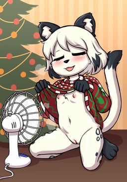 anthro areola biped blush christmas_tree clothed clothing clothing_lift detailed_background dipstick_tail eyelashes eyes_closed female flat_chested fur genitals holidays inside kneeling loli markings nipples no_underwear plant smile solo tail tail_markings thick_thighs tree vulva white_body young vermelhatan christmas domestic_cat felid feline felis mammal absurd_res hi_res