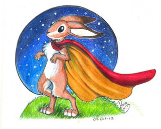 anthro beady_eyes brown_body brown_fur cape chest_tuft clothing dipstick_ears ear_markings featureless_crotch fur glistening glistening_eyes logo male male_anthro multicolored_ears orange_cape orange_clothing red_cape red_clothing solo standing tuft white_body white_fur pandapaco lagomorph leporid mammal rabbit 2012 artist_logo dated signature traditional_media_(artwork)