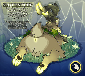 antlers anus backsack balls big_butt butt claws feral flower genitals glowing glowing_anus glowing_eyes glowing_horn grass green_body horn long_ears looking_at_viewer looking_back looking_back_at_viewer lying male paws plant presenting simple_background solo sploot text text_box woogigooie genshin_impact mihoyo fantasy_creature slothsheep_(genshin_impact) absurd_res english_text hi_res