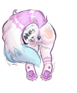 anthro bodily_fluids body_writing cum cum_in_vagina cum_inside female fur fur_markings genital_fluids hand_print markings pawpads raised_tail solo spank_marks spanked_butt tail through_wall white_body white_fur writing_on_butt bongovych kuroko_hoshi hybrid hi_res
