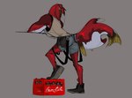 anthro belt bottomwear butt clothing female fin footwear grey_background leaning leaning_forward looking_back mohawk muscular muscular_anthro muscular_female red_body red_scales scales shirt shoes shorts simple_background solo standing tail tail_fin tank_top thick_tail topwear velow coca-cola shoyu_(velow) fish marine salmon salmonid_(fish) sockeye_salmon