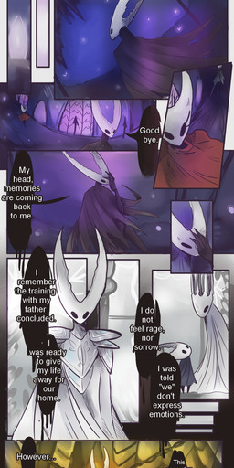 10_panel_comic 2_horns ambiguous_gender biped black_eyes bound chain cloak clothed clothing dialogue ellipsis empty_eyes eyelashes female fingers holding_melee_weapon holding_object holding_weapon horn melee_weapon orange_eyes question_mark red_cloak red_clothing speech_bubble standing talking_to_another text weapon white_text ssleepyflowers hollow_knight_(franchise) team_cherry hollow_knight_(character) hornet_(hollow_knight) pale_king_(hollow_knight) the_knight_(hollow_knight) arthropod infected_(species) vessel_(species) 2025 absurd_res comic english_text hi_res father_(lore) father_and_child_(lore) half_sister_(lore) parent_(lore) parent_and_child_(lore) sibling_(lore) sister_(lore)