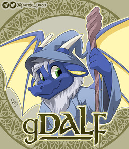 anthro beard blue_body blue_clothing blue_ears blue_hat blue_headwear blue_topwear clothed clothing facial_hair front_view glistening glistening_eyes green_eyes hair hat headgear headwear horn looking_at_viewer male male_anthro membrane_(anatomy) membranous_wings mouth_closed pattern_background simple_background solo topwear white_beard white_facial_hair white_hair white_horn wings yellow_wings pandapaco mythology dragon mythological_creature mythological_scalie scalie