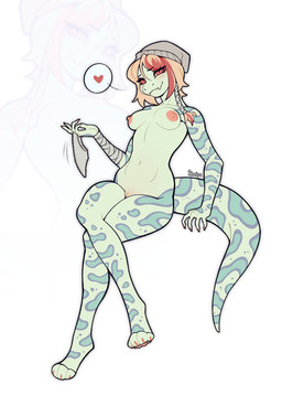 4_toes 5_fingers anthro areola blonde_hair blush blush_lines breasts claws clothing collarbone eyelashes feet female fingers genitals green_body hair heart_symbol holding_clothing holding_object holding_panties holding_underwear markings medium_breasts multicolored_hair navel nipples non-mammal_breasts non-mammal_navel non-mammal_nipples orange_eyes panties pink_areola pink_nipples red_hair simple_background sitting small_waist smile solo tail thick_thighs toes two_tone_hair underwear vulva wide_hips yellow_sclera batya reptile scalie snake 2024 colored digital_drawing_(artwork) digital_media_(artwork) flat_colors hi_res