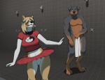 anthro blonde_hair bottomless bottomwear canid canine canis cheerleader clothed clothed/nude clothed_anthro clothing comic dancing digital_media_(artwork) domestic_dog duo female genitals hair herding_dog locker_room male mammal mastiff meesh molosser no_underwear nude nude_anthro pastoral_dog pussy raised_bottomwear raised_clothing raised_skirt rottweiler shower skirt stare towel welsh_corgi