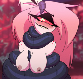 1_eye areola bedroom_eyes bite biting_lip black_body black_tentacles blonde_hair blurred_background blush bodily_fluids breasts cartoon_freckles coiled_up coiling detailed_background eyelashes female female_focus freckled_face freckled_shoulders freckles hair humanoid_focus light_body light_skin long_eyelashes long_hair male male/female male_on_humanoid narrowed_eyes nipples nude nude_female nude_humanoid restrained_arms seductive sharp_teeth smile suckers sweat teeth tentacle_around_body tentacle_around_neck tentacle_between_breasts tentacle_on_head tentacles x_pupils poparc_nsfw hazbin_hotel hellaverse cherri_bomb_(hazbin_hotel) edwin_(poparc_nsfw) aquatic cephalopod coleoid cyclops demon demon_humanoid humanoid mollusk octopodiform 2026 half-length_portrait hi_res portrait