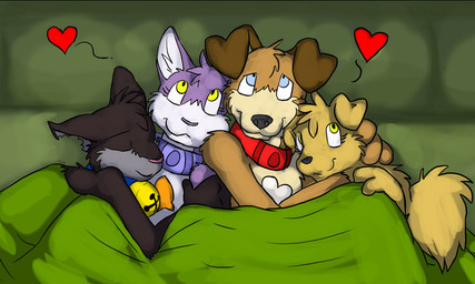 anthro bedding bell bell_collar blanket bone collar cuddling eyes_closed female fluffy fluffy_tail furniture group heart_symbol male smile sofa tail rick_griffin housepets! grape_jelly_(housepets!) maxwell_(housepets!) peanut_butter_(housepets!) tarot_(housepets!) canid canine canis domestic_cat domestic_dog felid feline felis mammal 2009