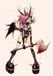 anthro axe biped blood blood_on_clothing blood_on_weapon bodily_fluids boots bottomless breasts clothed clothing crop_top ear_piercing exposed_breasts footwear fur genitals gynomorph hair half-erect holding_object holding_weapon intersex looking_at_viewer penis piercing purple_hair shirt shoes simple_background smile solo spiked_boots spiked_clothing spiked_footwear spikes topwear weapon white_background bassarisky canid canine fox mammal digital_media_(artwork) hi_res trans_(lore) trans_woman_(lore)