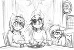 anthro breasts container cup elderly female group looking_at_viewer steam wings replica_(artist) hasbro my_little_pony mythology fan_character nolegs_(oc) reppy_(mlp) bat_pony equid equine horse mammal mythological_creature mythological_equine pegasus pony 2017 monochrome sketch story story_in_description