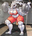 anthro athletic_wear barbell_squats big_breasts blue_eyes bottomwear bra breasts cleavage clenched_teeth clothed clothing eyewear female front_view glasses gym_bottomwear gym_shorts muscular muscular_female plantigrade red_bottomwear red_bra red_clothing red_shorts red_underwear shorts solo teeth underwear white_body z_dragon nintendo pokemon generation_5_pokemon legendary_pokemon pokemon_(species) reshiram digital_drawing_(artwork) digital_media_(artwork) hi_res