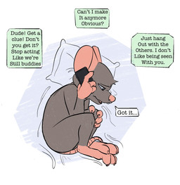 4_fingers anthro biped bodily_fluids cellphone crying dialogue electronics fingers grey_body lying narrowed_eyes phone sad smartphone solo tail tears text butchicky mammal murid murine rat rodent 2023 english_text hi_res