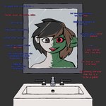 ambiguous_gender anthro black_sclera hypnosis memory_loss mid_transformation mind_control mirror nude personality_change self_hypnosis sharp_teeth shrinking simple_background sink size_transformation smile solo species_transformation teeth text transformation culixcupric goblin human mammal 1:1 bust_portrait hi_res portrait