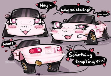 blush blush_lines car cocky_smile dialogue eyelashes female freckled_face freckles front_view glistening glistening_body long_eyelashes machine rear_view side_view simple_background solo speech_bubble tail tongue tongue_out vehicle civicidal dire_machine living_car living_machine living_vehicle succubus hi_res signature