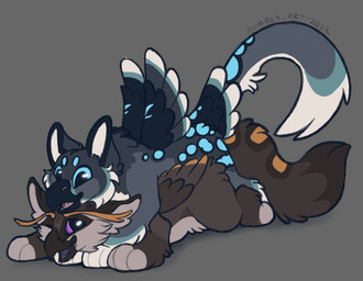 ambiguous_gender beak black_outline blue_eyes blue_markings brown_body chibi cuddling duo feathered_wings feathers feet feral grey_background grey_body markings on_top outline playful purple_eyes simple_background tail toeless_(marking) wings symrea mythology asmodius_the_gryphon azure_the_gryphon avian gryphon mythological_avian mythological_creature 2022 digital_media_(artwork) full-length_portrait portrait signature