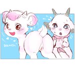 ambiguous_gender blue_eyes border butt duo female feral fur genitals happy hooves horn kemono open_mouth open_smile pupils pussy red_eyes simple_background sitting slit_pupils smile square_crossover white_body white_fur oposa one_stormy_night one_stormy_night:secret_friends mei_(one_stormy_night) bovid caprine goat mammal 2020 absurd_res hi_res