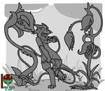 3_fingers 3_toes ambiguous/ambiguous ambiguous_gender anthro barefoot bodily_fluids bottomwear claws clothed clothing digital_media_(artwork) drawable_(artist) drooling elemental_creature embarrassed feet fingers flora_fauna grey_background group hi_res horn kobold open_mouth pants plant questionable_consent reptile saliva scalie shirt simple_background smile toes tongue topwear torn_bottomwear torn_clothing torn_pants torn_shirt torn_topwear vines