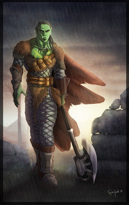 armor axe black_hair cloak clothing cloud detailed_background frown green_body green_skin hair jewelry looking_at_viewer male medieval melee_weapon necklace nipples not_furry outside raining sky solo tattoo tribal tusks weapon corvuspointer humanoid orc