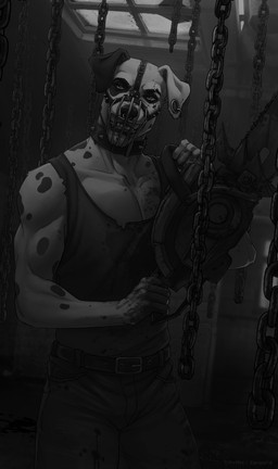 4_fingers anthro blood bodily_fluids bottomwear chain chainsaw clothing denim denim_bottomwear denim_clothing ear_piercing fingers holding_object jeans male multicolored_body muzzle_(object) pants piercing power_tool solo tools wire_basket_muzzle tayan54 canid canine canis domestic_dog mammal hi_res monochrome