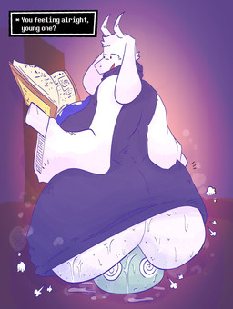 anthro bed bedroom big_butt bodily_fluids book bubble_butt butt butt_sniffing clothed clothing clothing_lift dialogue door dress dress_lift duo facesitting female floppy_ears fur furniture horn huge_butt inside mature_female musk reading sitting sitting_on_another sniffing spiral spiral_eyes sweat text white_body white_fur qoolbunart undertale undertale_(series) anon toriel bovid caprine goat mammal absurd_res english_text hi_res mother_(lore) parent_(lore)