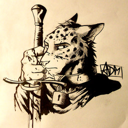 blood blood_on_face blood_on_hand blood_on_object blood_on_sword blood_on_weapon bodily_fluids clothing collar fur holding_melee_weapon holding_object holding_sword holding_weapon lock looking_at_viewer male markings melee_weapon padlock solo spots spotted_body spotted_fur sword topwear weapon 0laffson enorach_(0laffson) cheetah felid feline mammal 2016 monochrome signature traditional_media_(artwork)