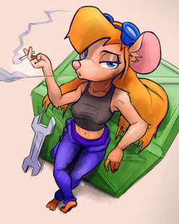 anthro barefoot blonde_hair blue_eyes breasts cigarette clothed clothing eyelashes eyewear eyewear_on_head feet female fur goggles goggles_on_head hair half-closed_eyes leaning leaning_backward long_hair midriff narrowed_eyes navel pink_nose shirt smoking solo tan_body tan_fur tank_top tools topwear wrench combobomb chip_'n_dale_rescue_rangers disney gadget_hackwrench mammal mouse murid murine rodent hi_res