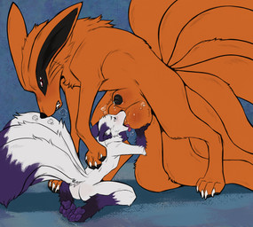 anthro anthro_on_feral ball_grab ball_worship balls bestiality big_balls blush bodily_fluids body_worship dominant dominant_feral dominant_male duo fangs feral feral_on_top fluffy fluffy_tail genital_fluids genital_worship genitals gloves_(marking) larger_feral larger_male leaking_precum leg_markings looking_pleasured male male/male male_anthro male_feral markings multi_tail onomatopoeia pawpads paws precum servicing_from_below size_difference smaller_anthro smaller_male socks_(marking) sound_effects submissive submissive_anthro submissive_male tail teeth text tongue tongue_out prince-vulpine naruto kurama rook_(rookarino4277) canid canine fox mammal hi_res