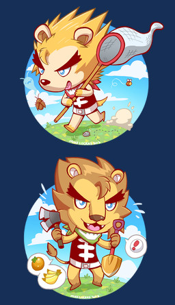 3_fingers anthro axe banana barefoot belt blonde_hair blue_eyes border bottomless brown_body brown_fur brown_hair chibi clothed clothing cloud day duo elytron fangs feet fingers flying food fruit fur gloves_(marking) grass hair holding_object holding_tool kerchief leg_markings looking_at_viewer male markings melee_weapon open_mouth orange_(fruit) outside plant running shovel simple_background sky smile socks_(marking) speech_bubble tan_body tan_fur teeth tongue tools toony transparent_background transparent_border weapon mikeluckas animal_crossing nintendo fan_character arthropod bee beetle felid hymenopteran insect lion mammal pantherine porcupine rodent 2013 alpha_channel cel_shading shaded