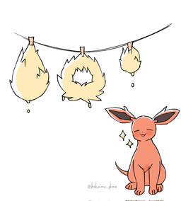 ambiguous_gender cat_smile clothes_line drying drying_fur eyes_closed feral fur red_body red_ears red_fur red_tail simple_background solo sparkles tail tan_body tan_fur white_background hokaimo_pkmn nintendo pokemon eeveelution flareon generation_1_pokemon pokemon_(species) 2025 hi_res