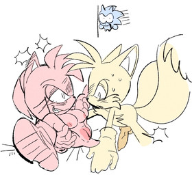 animal_genitalia animal_penis anthro bodily_fluids boots bracelet breasts canine_genitalia canine_penis clothing erection eyelashes female footwear genitals gloves grin group handwear jewelry legs_up male male/female multi_tail narrowed_eyes penis shocked shoes sitting smile sweat tail trio vulva cnggu13 sega sonic_the_hedgehog_(series) amy_rose miles_prower sonic_the_hedgehog canid canine eulipotyphlan fox hedgehog mammal