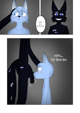 5_fingers anthro balls big_balls big_penis black_body black_fur blue_body blue_eyes blush bodily_fluids dialogue duo fingers foreskin fur genital_fluids genitals hand_on_head humanoid_genitalia humanoid_penis imminent_oral male male/male manga_style multi_eye penis precum text murasakine_fox shadow_hoshi_(sky_heart) ych_(character) canid canine canis demon domestic_cat felid feline felis mammal monster shadow_creature wolf absurd_res comic hi_res korean_text