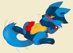 animal_genitalia animal_penis blue_body blue_fur canine_genitalia canine_penis erection feral fur genitals knot lying male on_back penis solo bloowolfy nintendo pokemon generation_4_pokemon lucario pokemon_(species) 2024 absurd_res hi_res