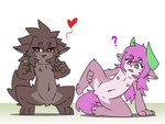 anthro duo featureless_crotch female flat_chested fur grey_body grey_fur heart_symbol nipples pink_body pink_fur question_mark simple_background spread_legs spreading young kiukiu 4:3 hi_res