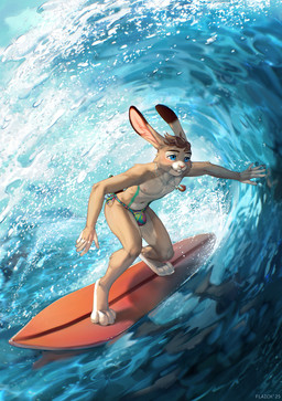 4_toes anthro buckteeth bulge clothed clothing feet fingers fur hair jewelry male necklace outside sea smile solo surfboard surfer surfing swimwear tail teeth toes topless topless_anthro topless_male vehicle water watercraft wave flaich chase_d._bunnee lagomorph leporid mammal rabbit 2025 digital_media_(artwork) hi_res