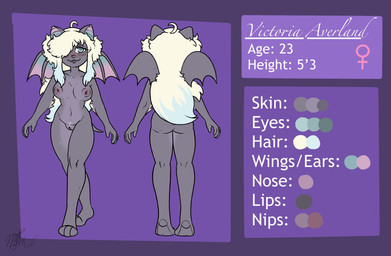 ahoge bat_ears bat_nose black_lips blind breasts butt dark_body disability female female_symbol gender_symbol genitals hair inverted_nipples lips multicolored_hair nipples pubes rear_view solo symbol text victoria_averland vulva white_hair wings banannerbear bat humanoid mammal english_text hi_res model_sheet