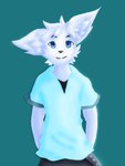 anthro belt black_nose black_undershirt blue_clothing blue_eyes blue_shirt blue_topwear bottomwear clothed clothing fur hair looking_at_viewer male pants shirt simple_background smile solo topwear undershirt white_body white_fur white_hair repeatecho repeat_(visual_novel) echo_(repeat) arctic_fox canid canine fox mammal true_fox 3:4 digital_media_(artwork)