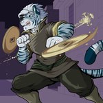 anthro blue_body blue_fur blue_stripes brown_clothing city clothed_male clothing earth_manipulation elemental_manipulation fight fist fists_clenched focused fur green_eyes male open_mouth solo stripes teeth tongue pandottermon felid mammal pantherine tiger 1:1 hi_res