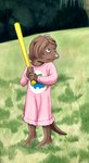 anthro baseball_bat bat_(object) brown_body brown_fur brown_hair clothed clothing female fur grass hair hill holding_bat holding_object looking_ahead neutral_expression nightgown outside pajamas paws pink_nightgown pink_nose plant short_hair solo standing tail young christaphorac mammal mustelid otter absurd_res hi_res traditional_media_(artwork)