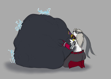 ambiguous_gender anthro belly belt big_belly boots bottomwear butt clothing collar cybernetic_arm cybernetic_limb footwear fur grey_body grey_fur grey_hair hair hand_on_belly huge_belly hyper hyper_belly mask mechanical_arm pants red_eyes rumbling_stomach shoes solo sound_effects star vore white_body white_fur cerindaemon bandai_namco digimon digimon_beatbreak digimon_(species) wolvermon 2025 digital_media_(artwork) hi_res