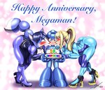 anthro armor belt bent_over birthday_cake blonde_hair blue_body blue_eyes blue_fur blue_hair blush bodysuit boots breasts butt cake circlet clothing dessert dipstick_tail eyelashes eyes_closed female food footwear fur glistening glistening_bodysuit glistening_clothing glistening_skinsuit group hair headgear helmet high_heeled_boots high_heels inner_ear_fluff kissing_cheek machine male markings ponytail shoes skinsuit tail tail_markings tight_clothing trio tuft white_body white_fur zero_suit souleatersaku90 capcom mega_man_(series) metroid nintendo star_fox krystal_(star_fox) mega_man_(character) samus_aran canid canine fox human mammal robot 2024 absurd_res crossover hi_res