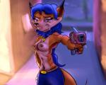 anthro areola blue_hair breasts choker clothed clothing dipstick_ears dipstick_tail ear_markings ear_piercing female hair jewelry looking_at_viewer markings multicolored_ears multicolored_tail navel necklace nipples partially_clothed piercing ranged_weapon smile solo tail tail_markings weapon tgtf234 sly_cooper_(series) sony_corporation sony_interactive_entertainment sucker_punch_productions carmelita_fox canid canine fox mammal 2017 5:4